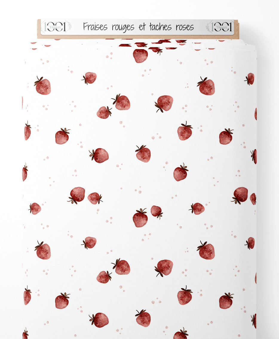 Tissu - Fraises rouges et taches roses