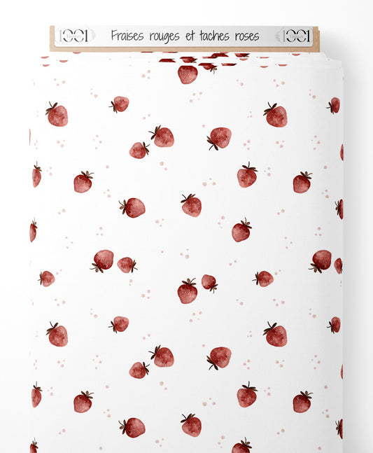 Tissu - Fraises rouges et taches roses