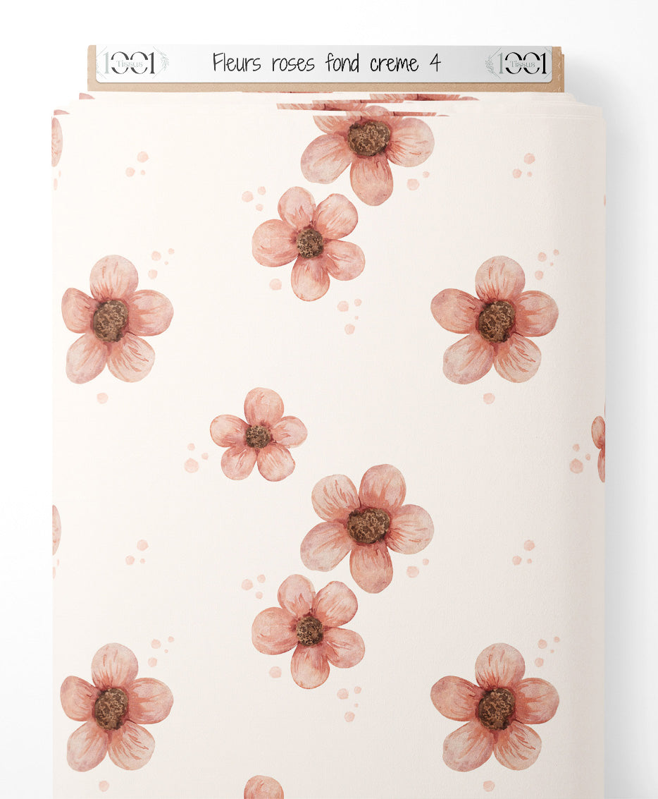 Tissu - Fleurs roses sur fond crème 4