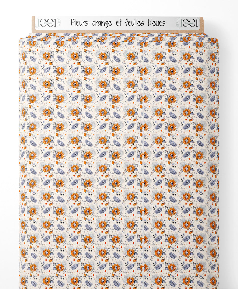 Tissu - Fleurs orange et feuilles bleues