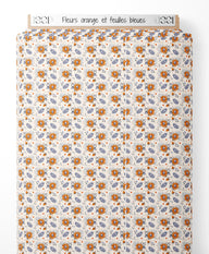 Tissu - Fleurs orange et feuilles bleues