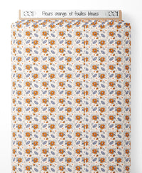 Tissu - Fleurs orange et feuilles bleues