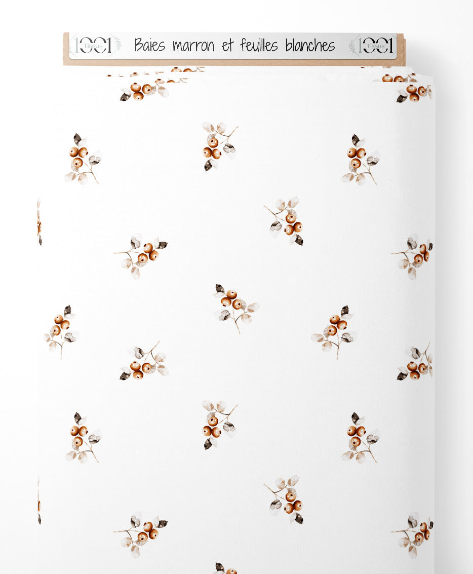 Tissu - Baies marron et feuilles blanches