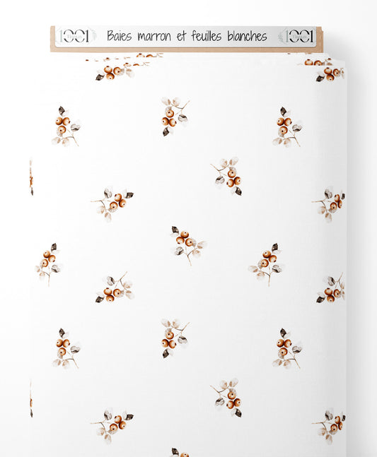 Tissu - Baies marron et feuilles blanches