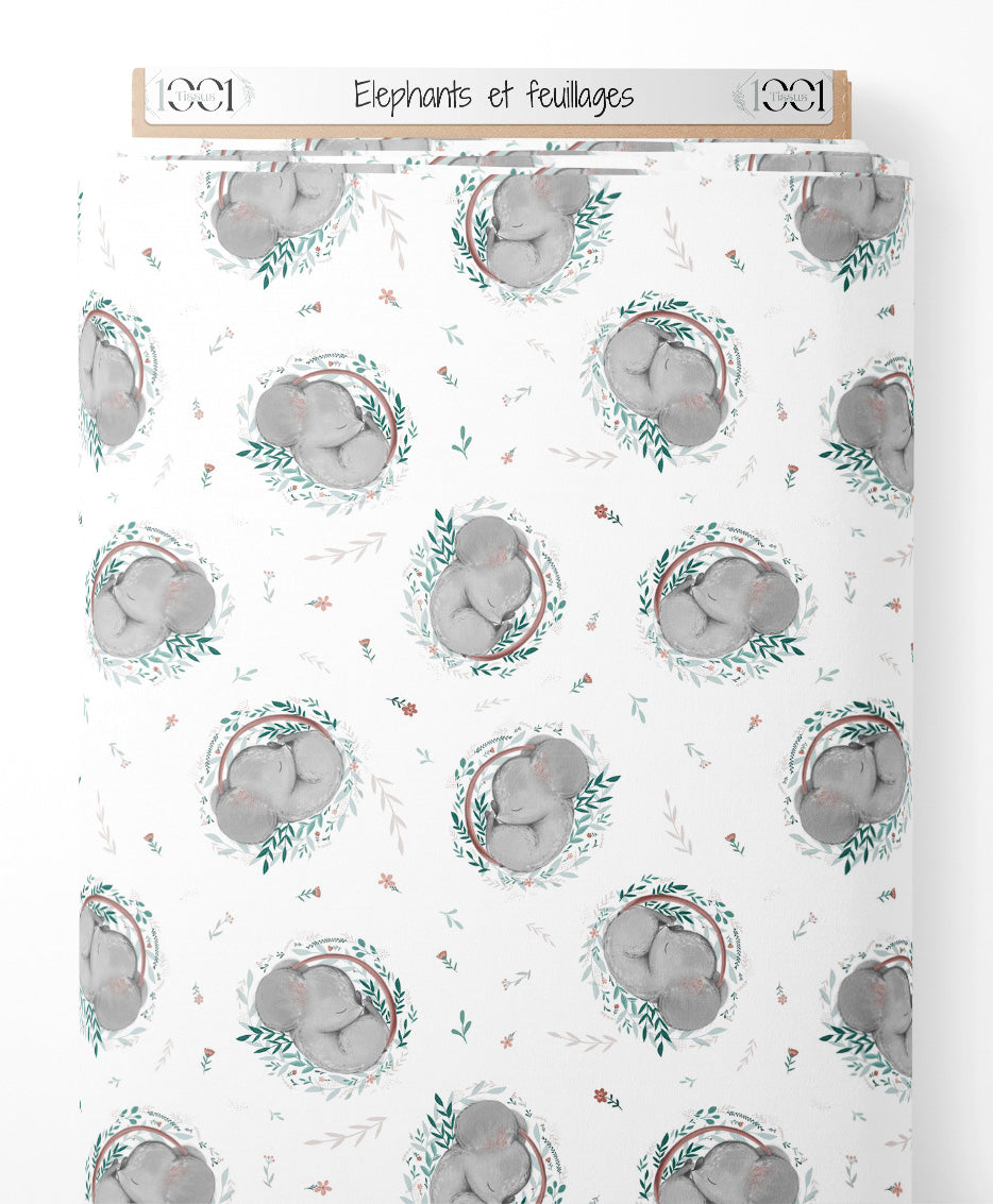 Tissu - Éléphants et feuillages