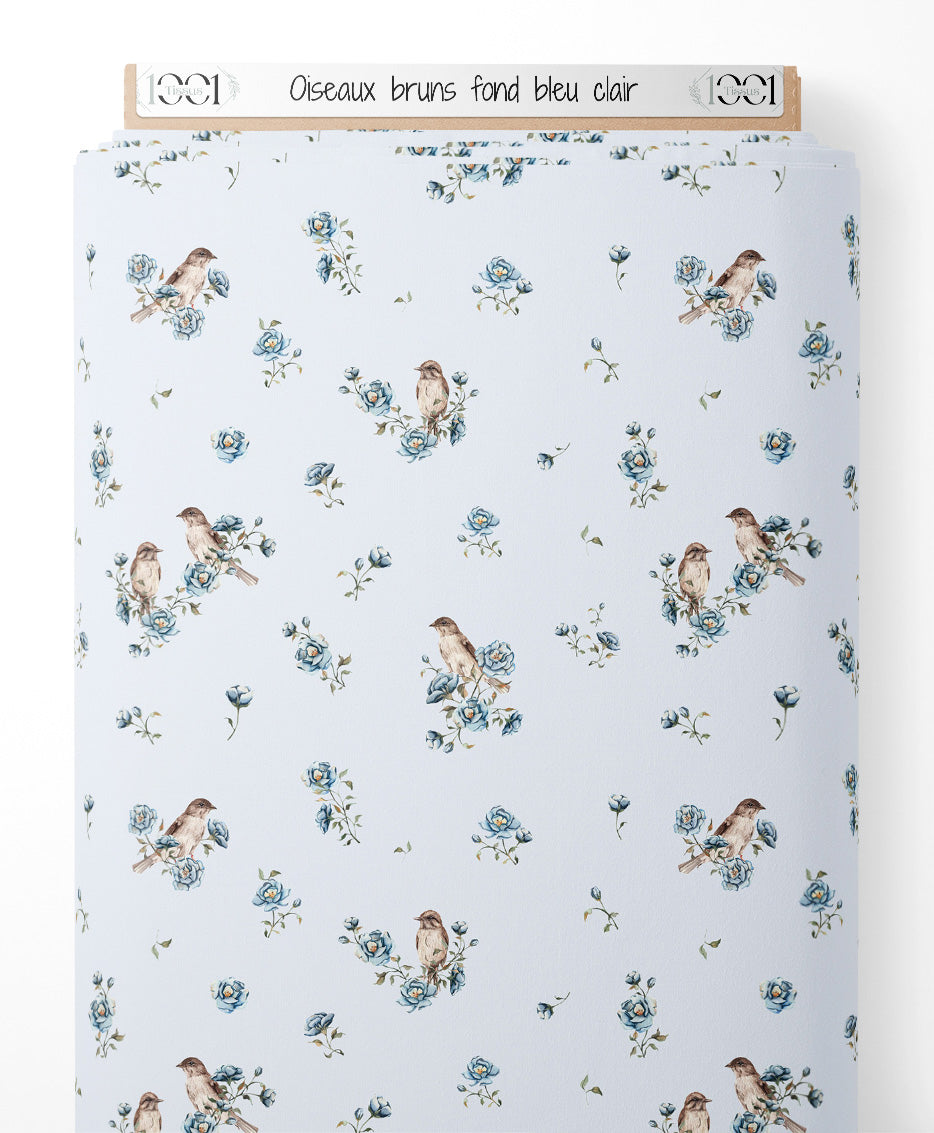 Tissu - Oiseaux bruns sur fond bleu clair