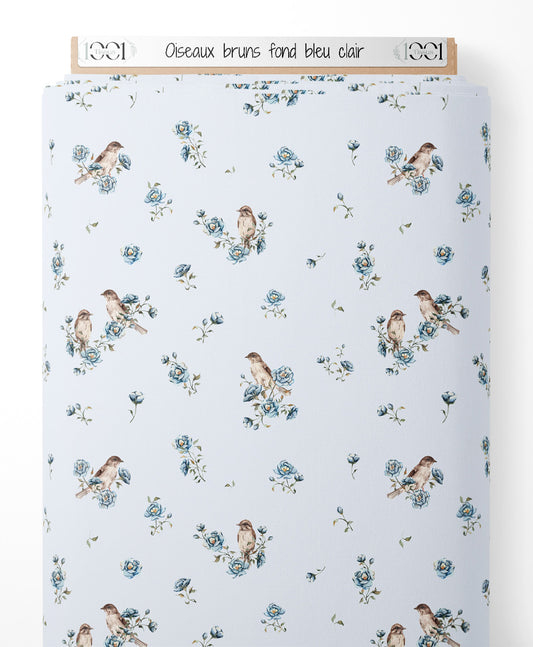 Tissu - Oiseaux bruns sur fond bleu clair
