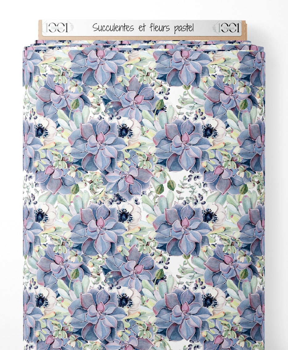 Tissu - Succulentes et fleurs pastel