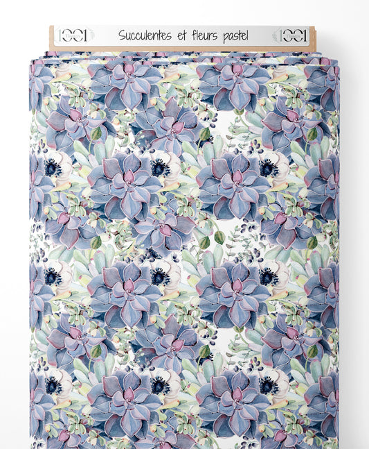 Tissu - Succulentes et fleurs pastel