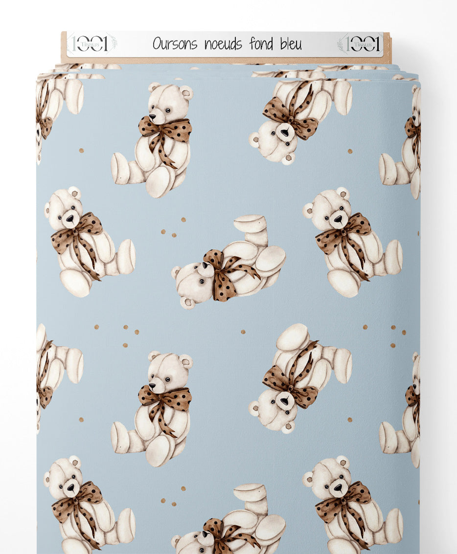 Tissu - Oursons nœuds sur fond bleu