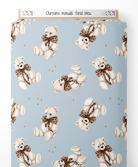 Tissu - Oursons nœuds sur fond bleu