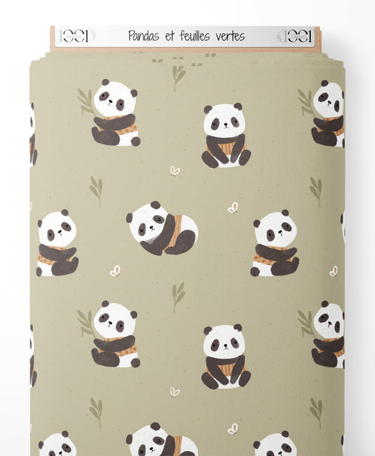 Tissu - Pandas et feuilles vertes