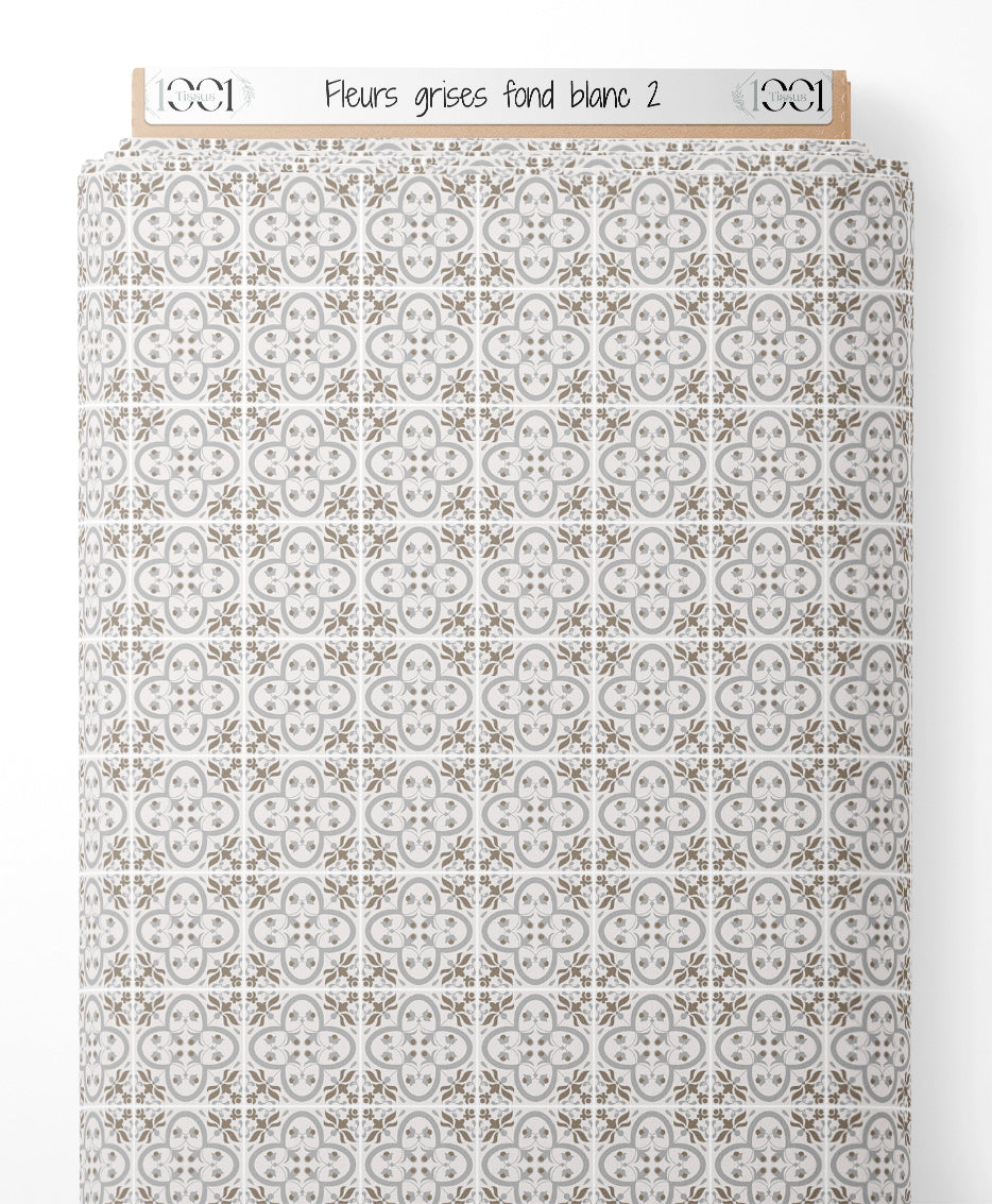 Tissu - Fleurs grises sur fond blanc 2
