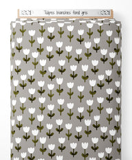 Tissu - Tulipes blanches sur fond gris