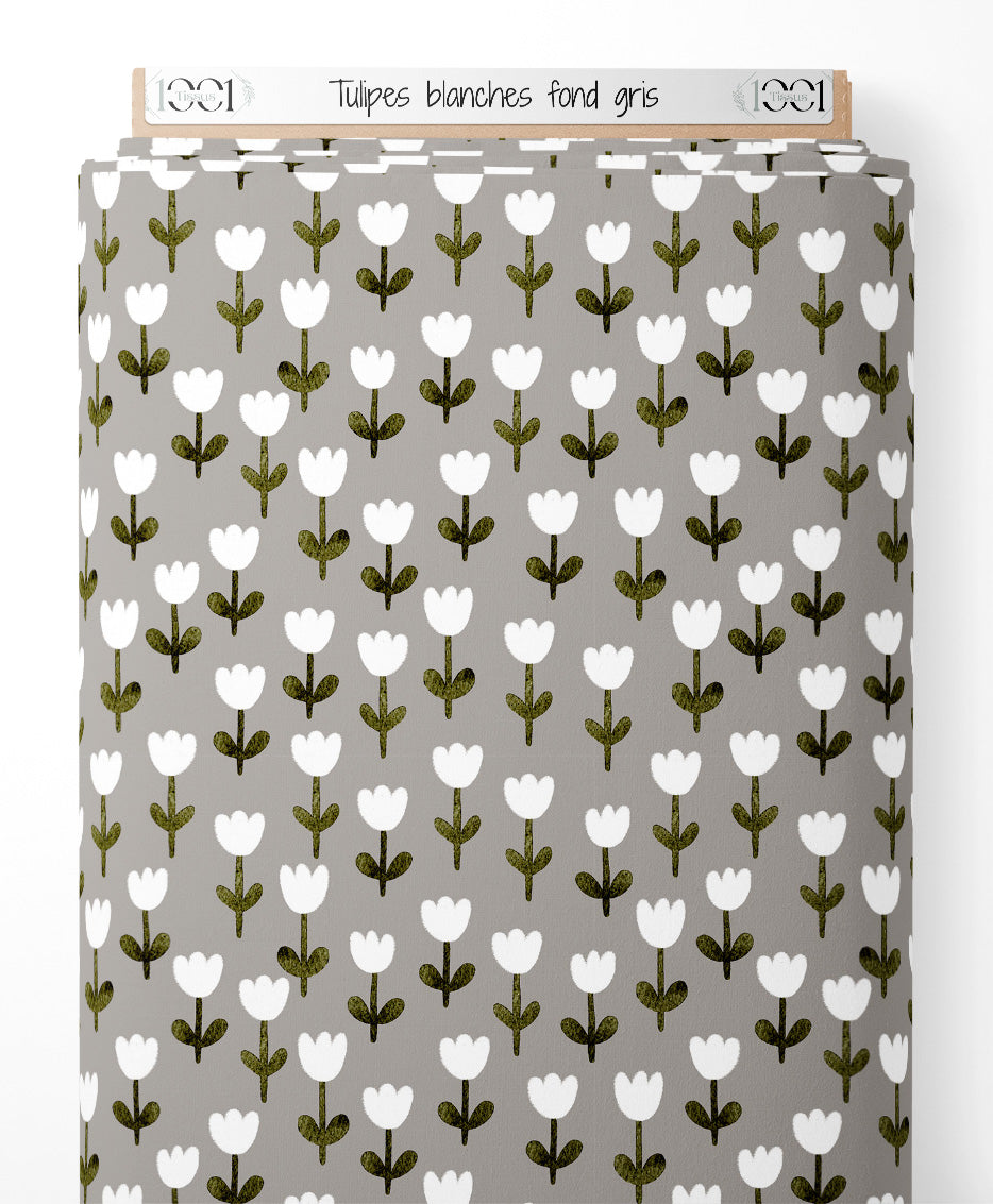 Tissu - Tulipes blanches sur fond gris