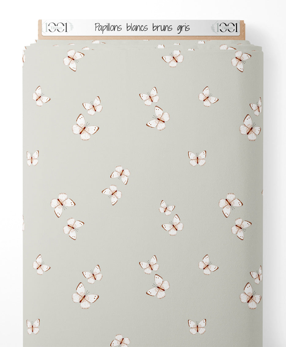 Tissu - Papillons blancs bruns gris