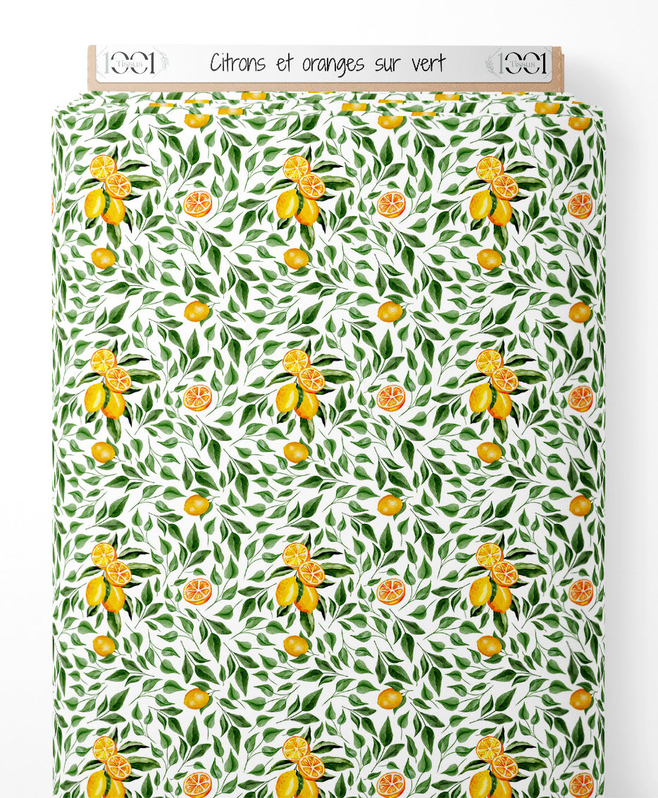 Tissu - Citrons et oranges sur vert