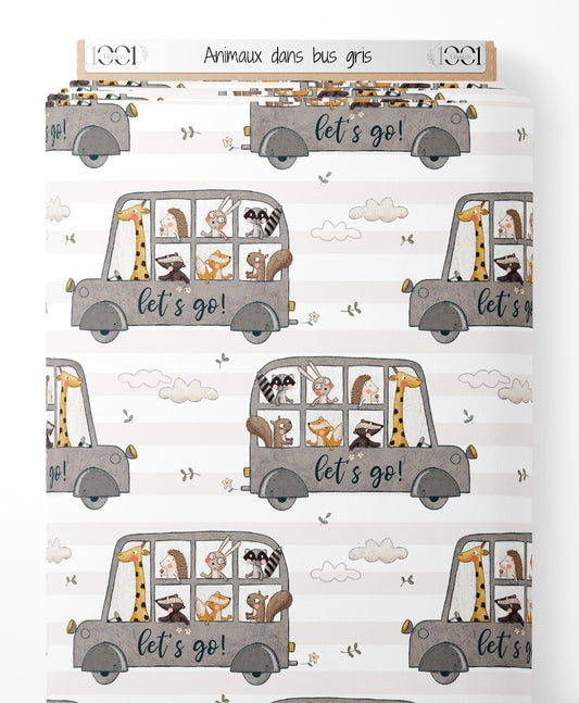 Tissu - Animaux dans bus gris