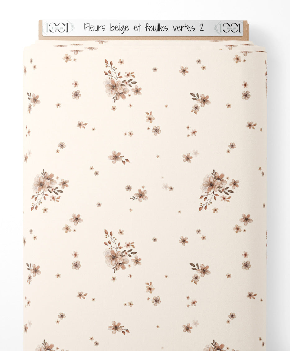 Tissu - Fleurs beige et feuilles vertes 2