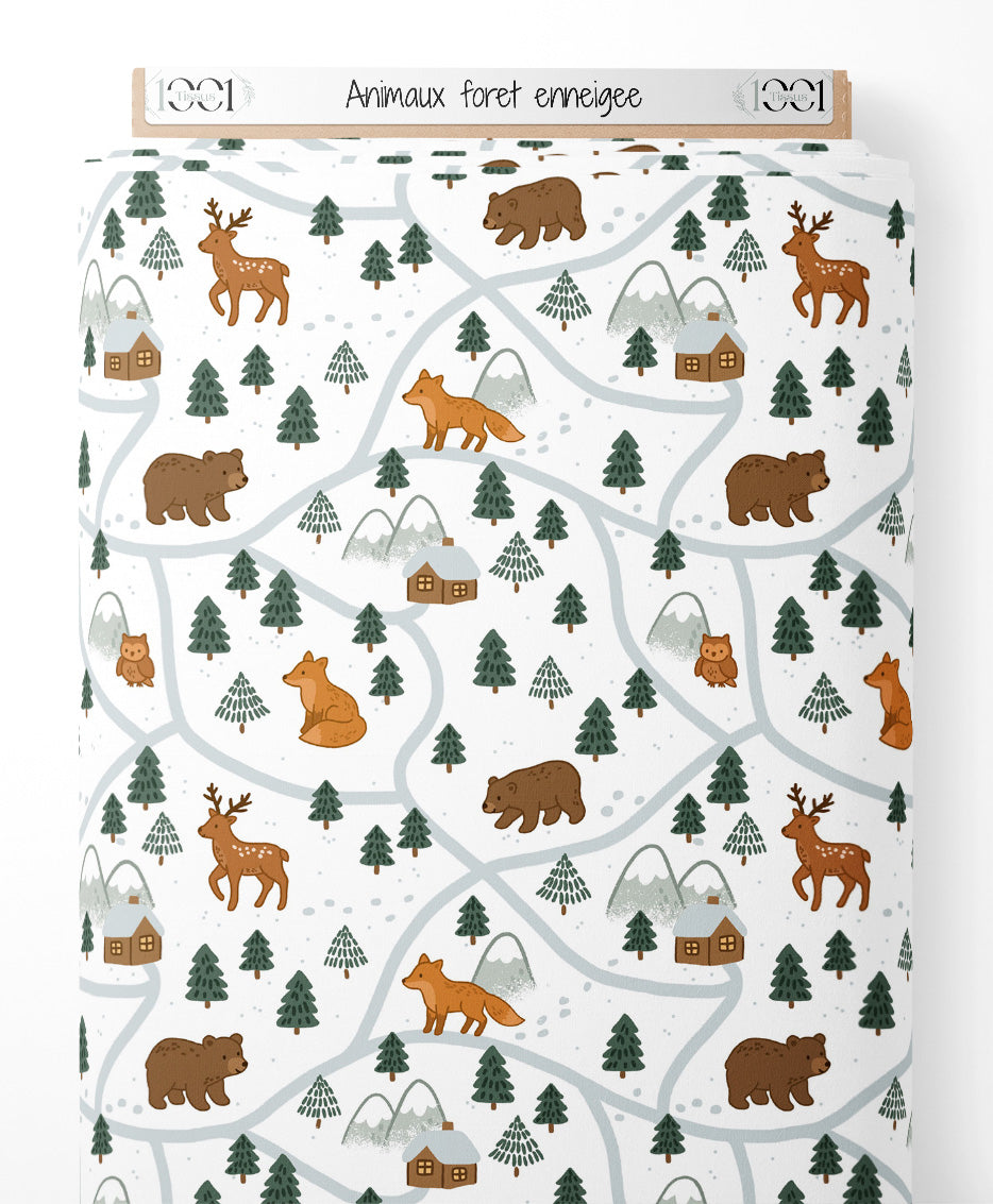 Tissu - Animaux forêt enneigée