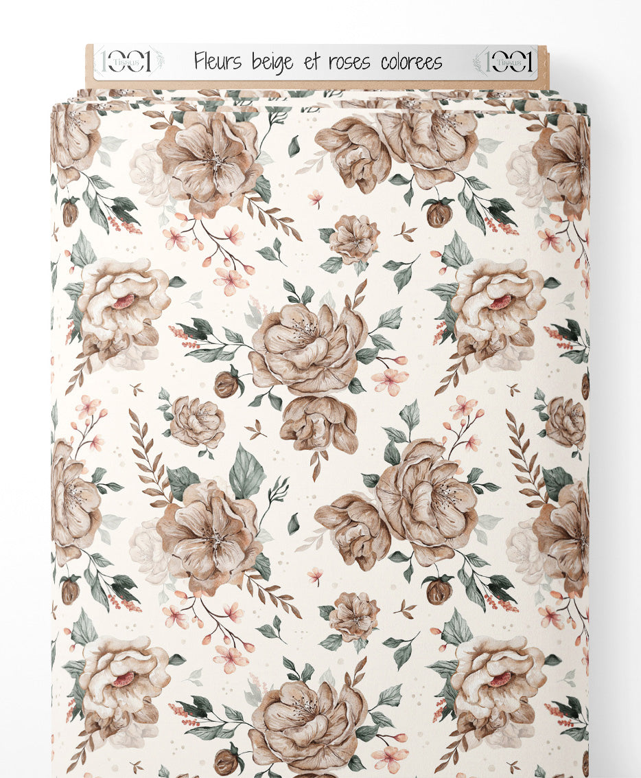 Tissu - Fleurs beige et roses colorées