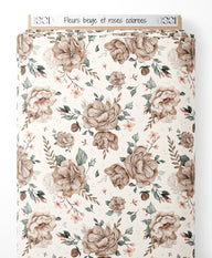 Tissu - Fleurs beige et roses colorées
