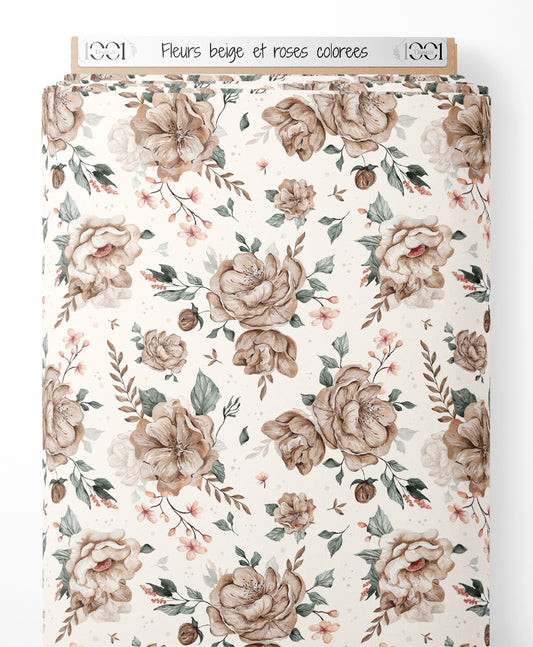 Tissu - Fleurs beige et roses colorées