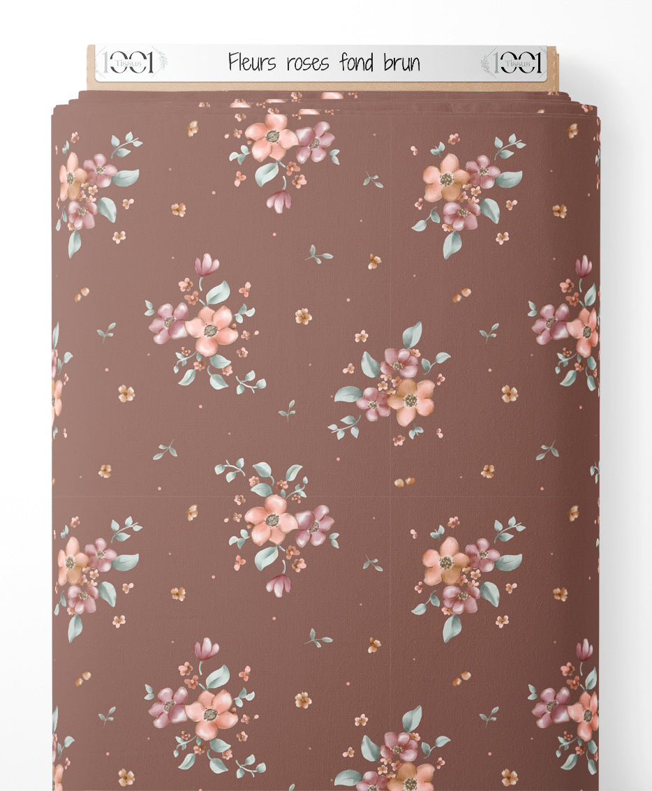 Tissu - Fleurs roses sur fond brun