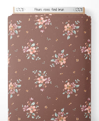 Tissu - Fleurs roses sur fond brun