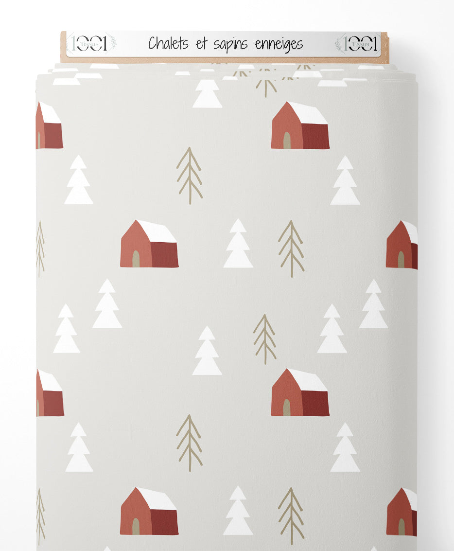 Tissu - Chalets et sapins enneigés