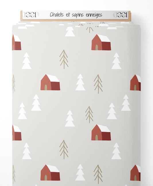 Tissu - Chalets et sapins enneigés