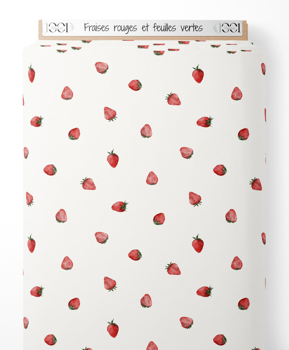 Tissu - Fraises rouges et feuilles vertes