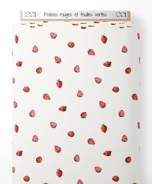 Tissu - Fraises rouges et feuilles vertes