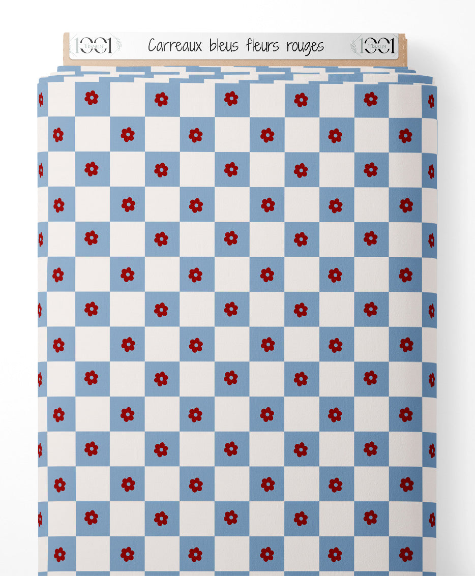Tissu - Carreaux bleus fleurs rouges