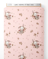 Tissu - Lapins endormis et fleurs roses