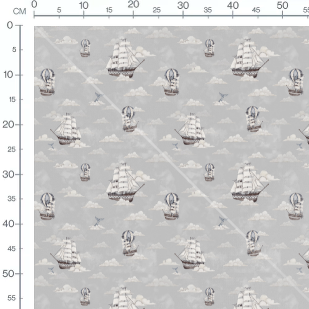 Tissu - Voiliers et nuages gris