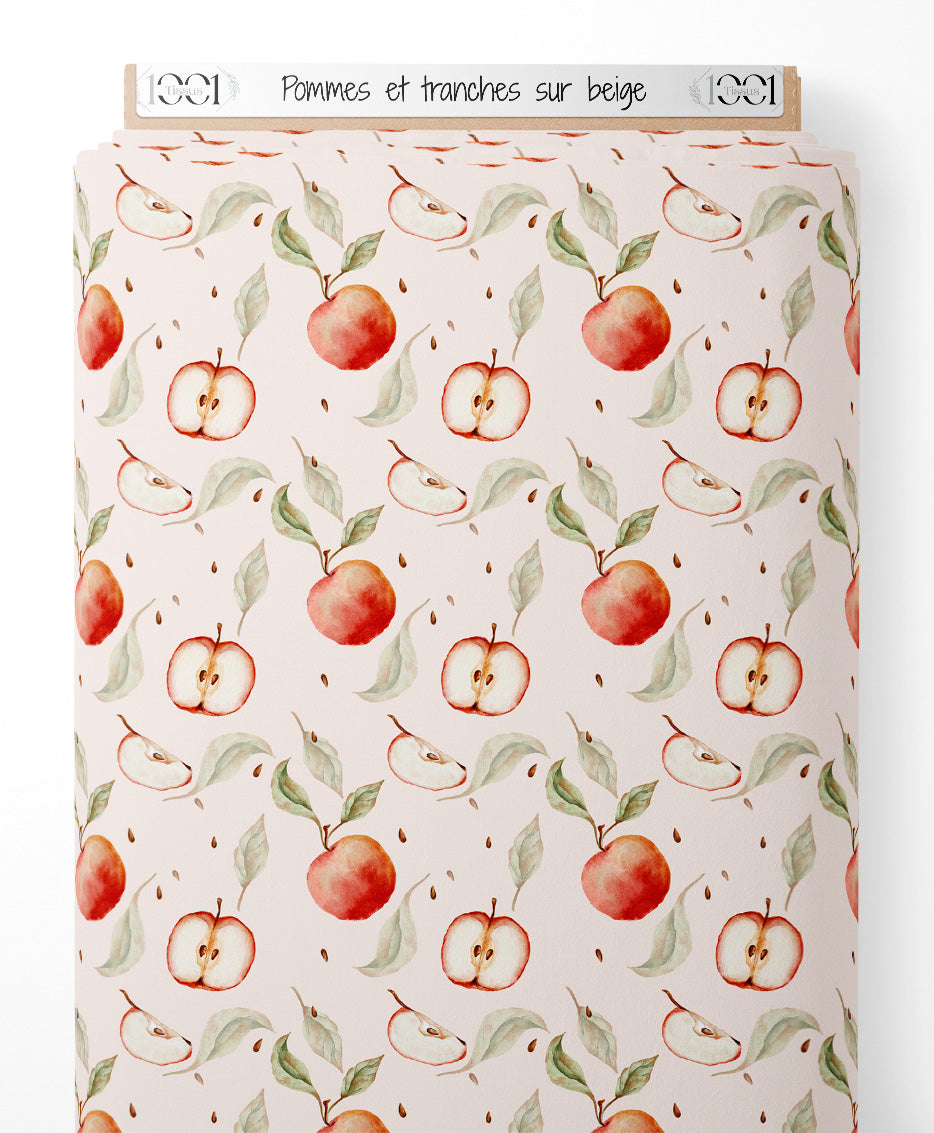 Tissu - Pommes et tranches sur beige