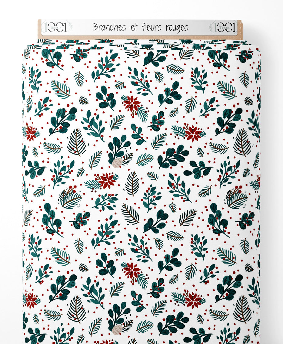 Tissu - Branches et fleurs rouges
