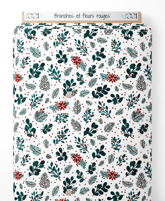 Tissu - Branches et fleurs rouges