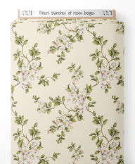 Tissu - Fleurs blanches et roses beiges
