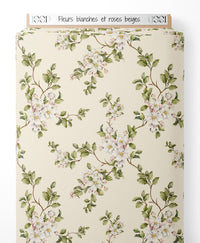 Tissu - Fleurs blanches et roses beiges