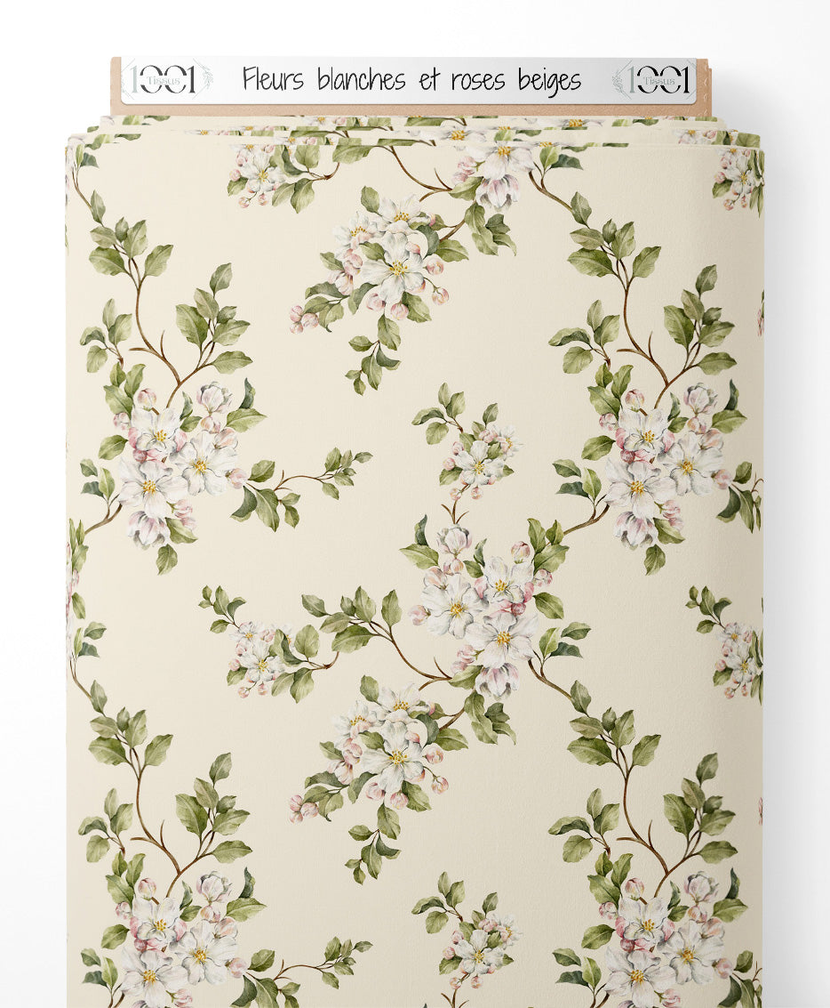 Tissu - Fleurs blanches et roses beiges
