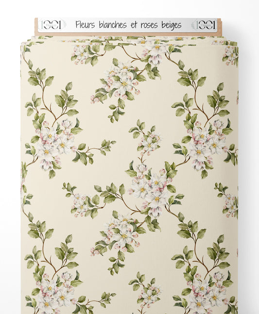 Tissu - Fleurs blanches et roses beiges