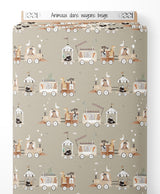 Tissu - Animaux dans wagons beige