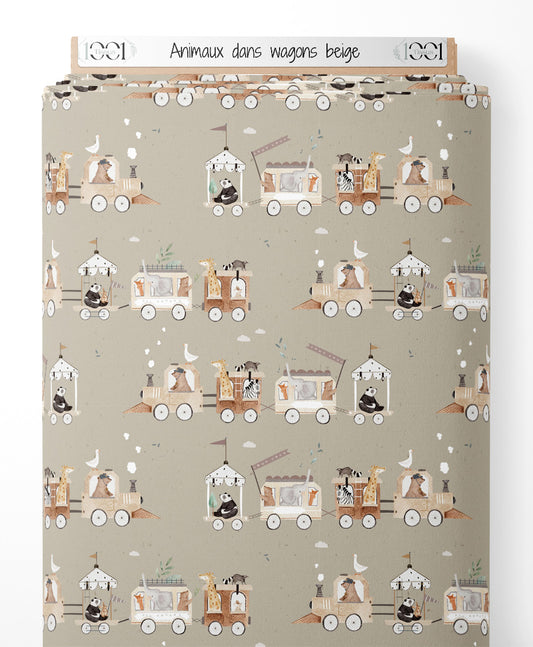 Tissu - Animaux dans wagons beige