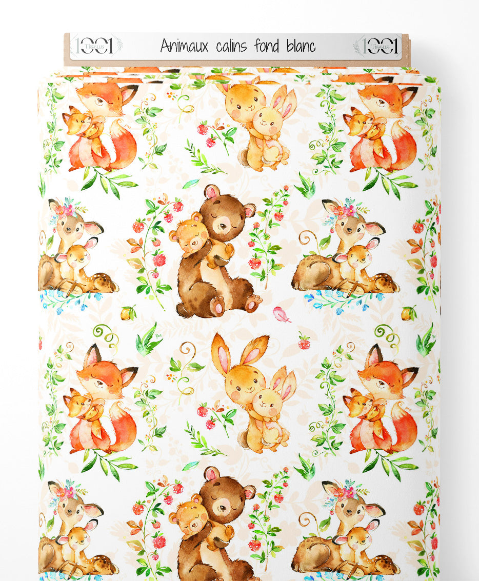 Tissu - Animaux câlins sur fond blanc