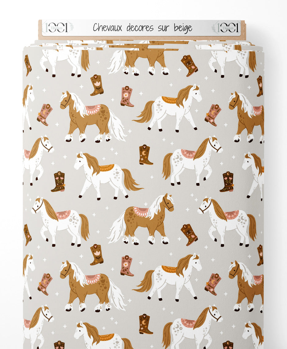 Tissu - Chevaux décorés sur beige