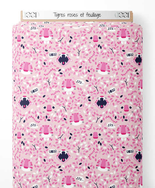 Tissu - Tigres roses et feuillage
