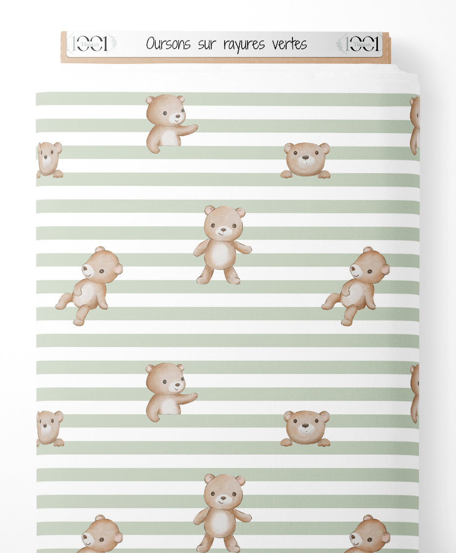 Tissu - Oursons sur rayures vertes