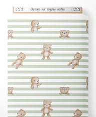 Tissu - Oursons sur rayures vertes